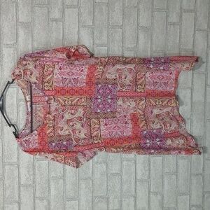 🍉 Cato Paisley Abstract Print Keyhole Curved Hem Blouse Size XL